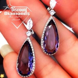 Purple Amethyst & Clear White Topaz Dangle Earrings 925  Silver